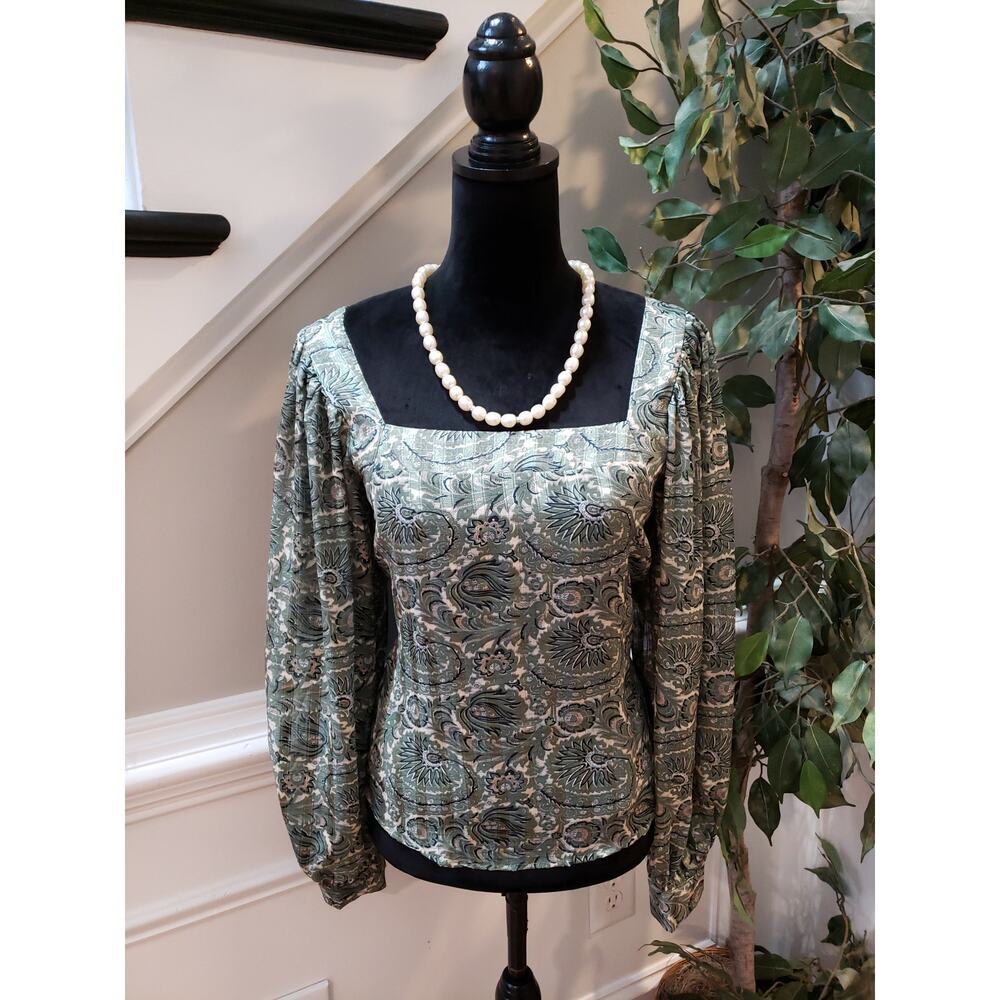 Lucca Blouse Women Medium Green Paisley Puff Sleeve Square Neck Boho Chic